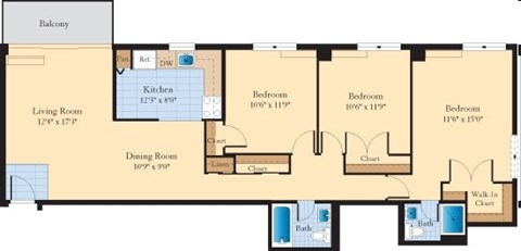 Floor plan for 3 beds, 2 baths, 1215 sqft
